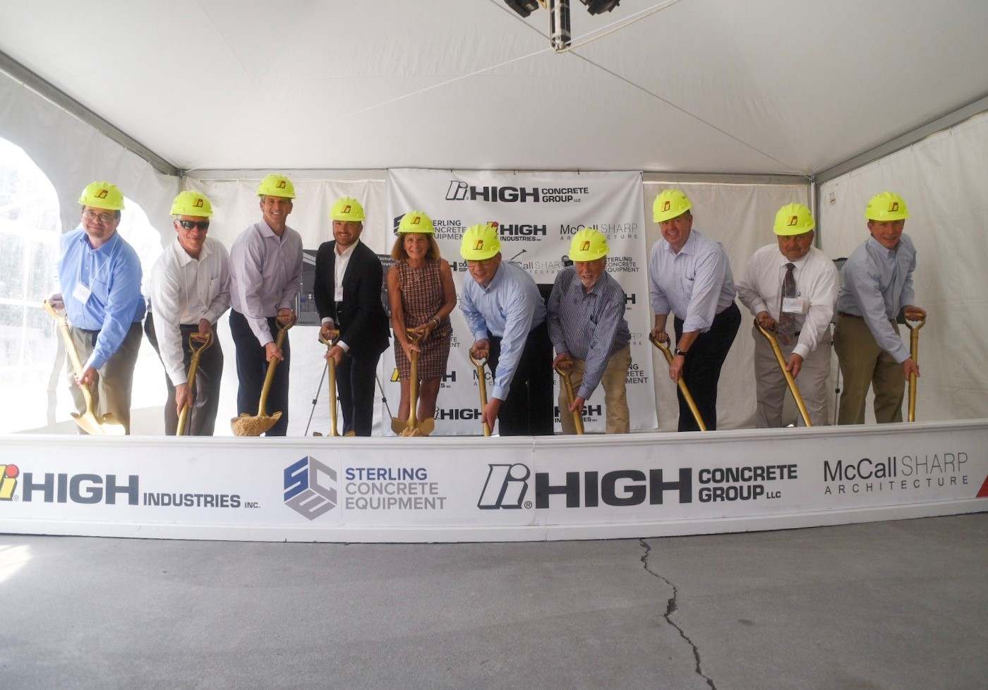 High Concrete Group LLC leaders and local officials break ground on a manufacturing revitalization at its Denver, Pa. headquarters production facility.