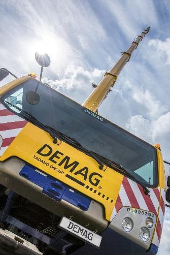 The Group’s total lifting equipment line now includes more than 80 models, including rough-terrain cranes, all-terrain cranes, lattice and telescopic boom crawler cranes, truck cranes and more. Shown is the Demag AC 220-5.