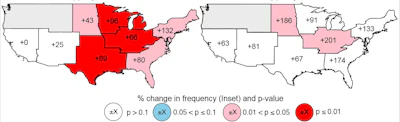 On the left, each number and region correspond to the percent increase since 1950 in the number of daily rainfall measurements that should happen on average every 10 years (called “10-year storms”). On the right, each number and region reflect the percent increase since 1950 of day-long 100-year storms.