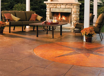 Pictured, an outdoor living space where acid stains were used to etch the concrete surface.