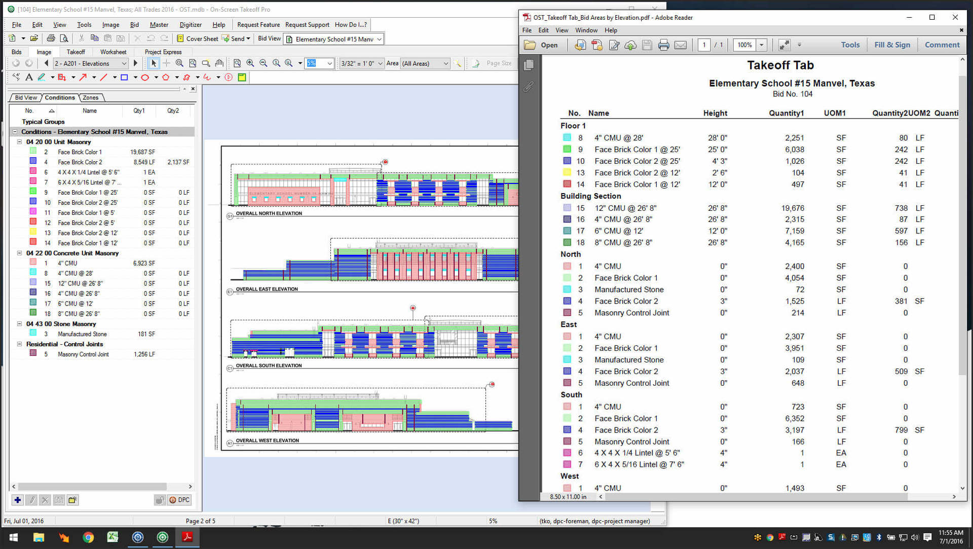On-Center Software's on-screen takeoff software shows a color-coded digital takeoff of an elementary school construction project with the building materials quantities listed.