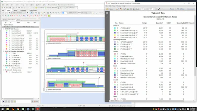 On-Center Software's on-screen takeoff software shows a color-coded digital takeoff of an elementary school construction project with the building materials quantities listed.