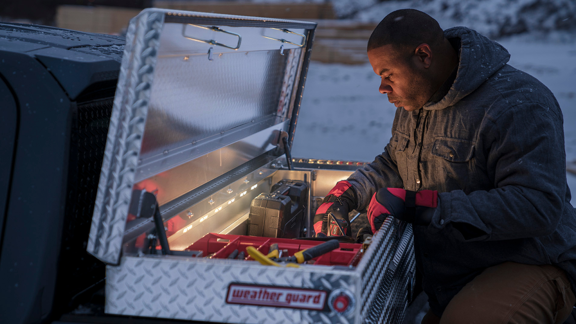 Weather Guard Lighted Truck Box With Power Sync Jobsite Close Up
