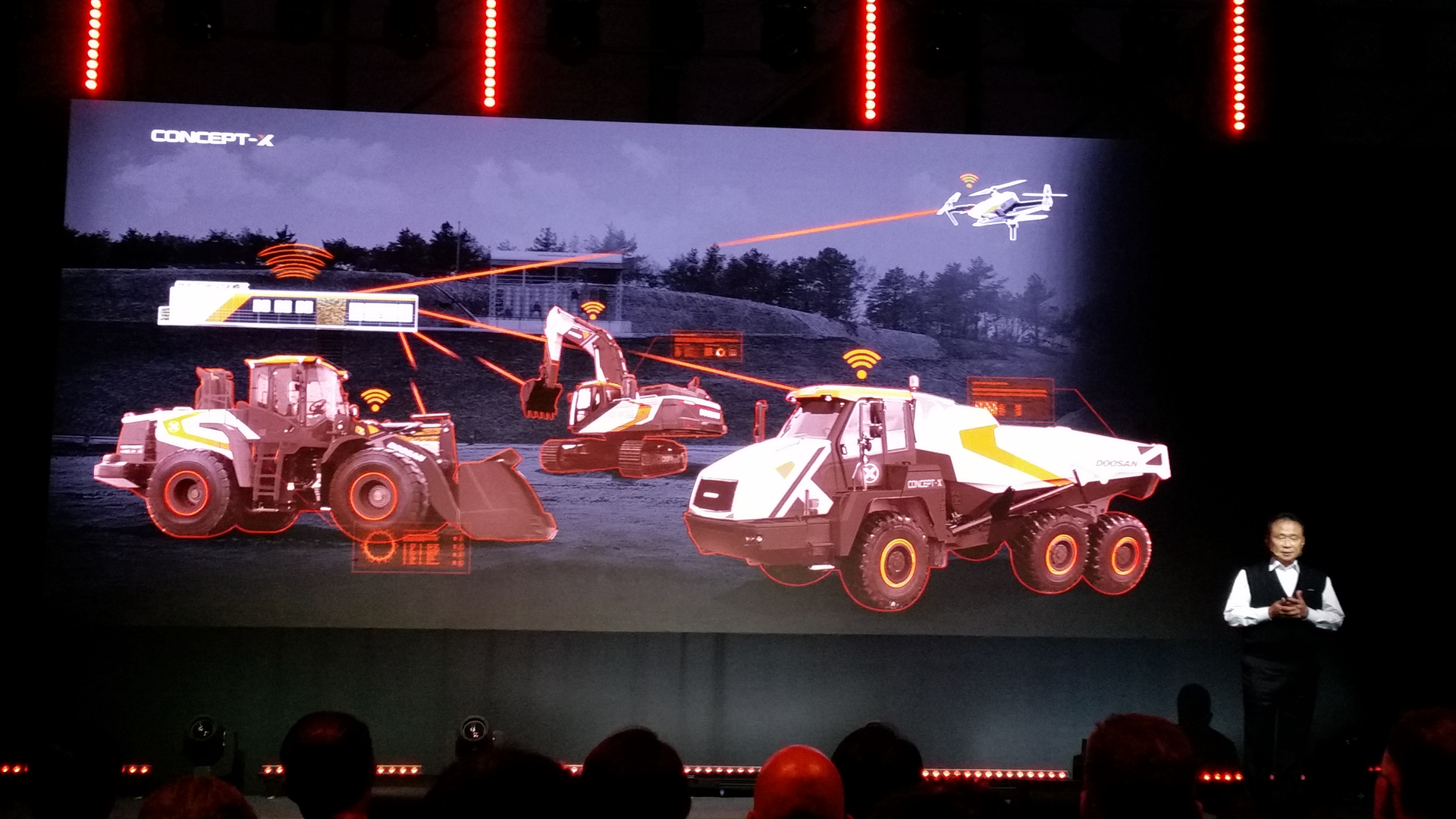 On November 20, Doosan revealed its autonomous construction site solution, Concept-X, with several prototype machines including a drone, wheel loader, excavator and articulated dump truck working together autonomously at the company’s proving grounds. Image by: Curt Bennink