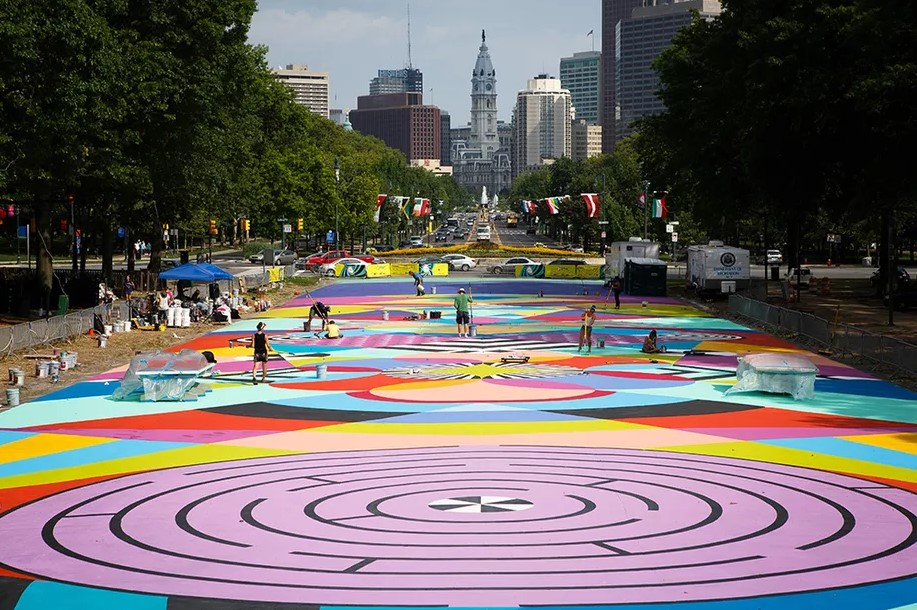 Painted street plazas like this piece by Jessie and Katey for Mural Arts Philadelphia will grace 10 more U.S. cities as part of a new initiative by Bloomberg Philanthropies.