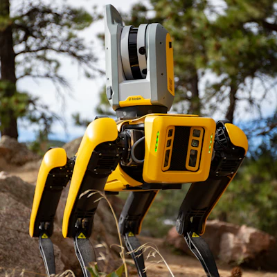 Boston Dynamics' Spot Robot with a Trimble X7 3D Laser Scanning System, a high-speed laser scanner with integrated imaging, automatic calibration and registration technologies as well as survey-grade self-levelling.