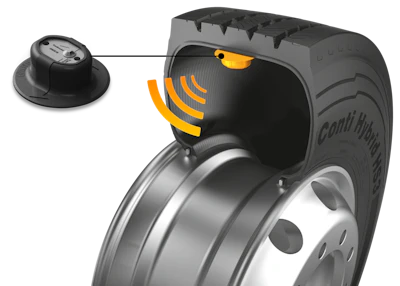 The Continental intelligent steer tires feature a built-in TPMS sensor that transmits tire pressure and temperature data via wireless signal.
