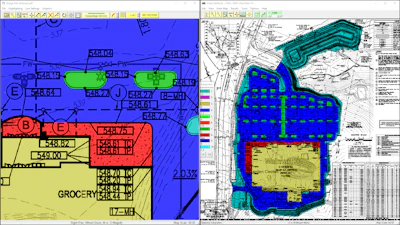 A split screen showing a close up and a full view of a retail outlet plus parking lot project.