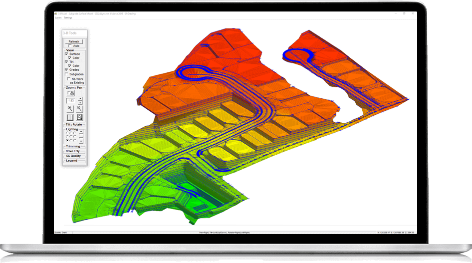 A screenshot of a SiteWork 3D rendering of an excavation project. Estimators can enter existing and proposed contours, spot elevations and sloping lines to define the existing and proposed surfaces.