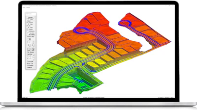 A screenshot of a SiteWork 3D rendering of an excavation project. Estimators can enter existing and proposed contours, spot elevations and sloping lines to define the existing and proposed surfaces.