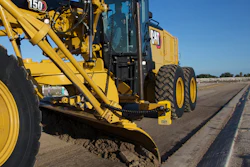 Inside the demo arena at Caterpillar's CONEXPO Booth, the new 150 AWD motor grader features all-wheel drive that assists with traction and maneuvering, allowing the machine to work in any environment.