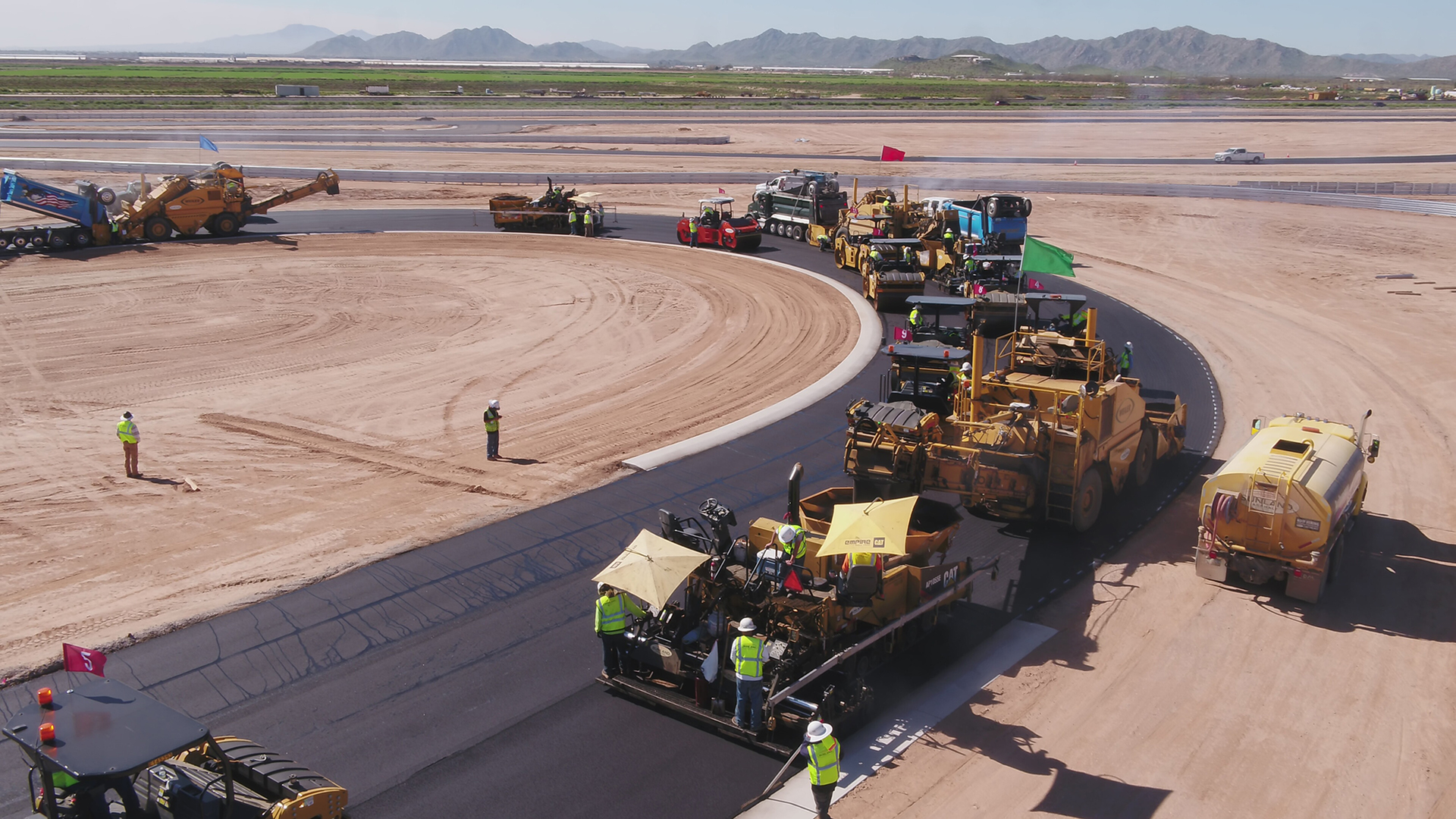 To complete this project, Sunland utilized three pavers, three material transfer vehicles, 20 rollers, 50 dump trucks and a crew of 47 Sunland employee owners running continuously.