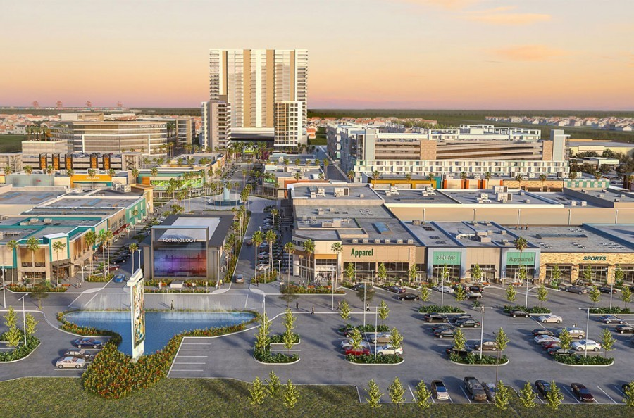 The $800 million Dania Pointe mixed use development in Fort Lauderdale, FL, features retail shops, restaurants, offices, hotels, luxury apartments and a public event space.