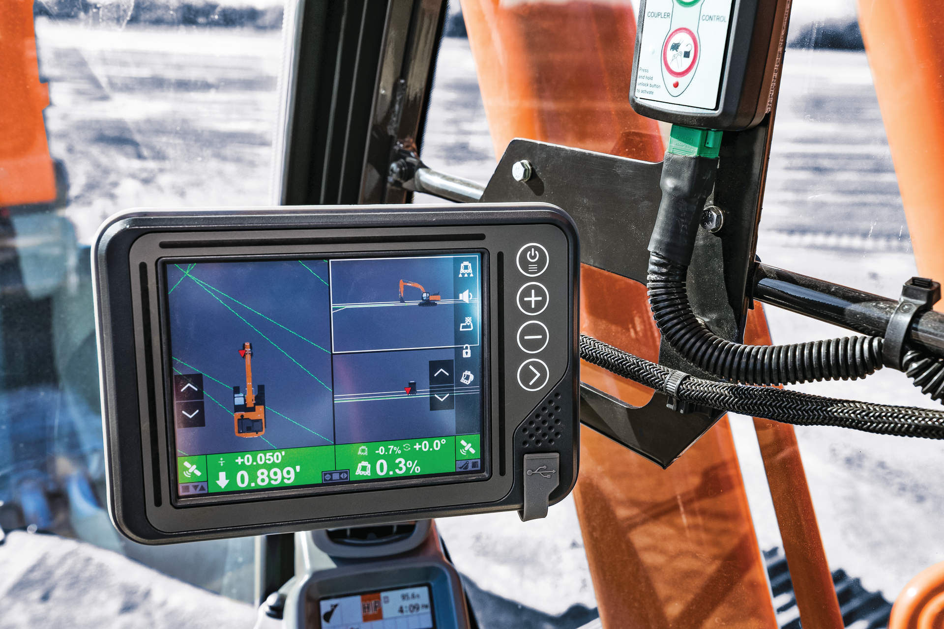 With Hitachi Solution Linkage Integrated Grade Control with Topcon, the machine controls the boom and bucket as the operator handles the arm.