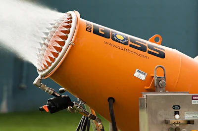 Specialized nozzles create a mist that’s propelled by a powerful industrial fan.