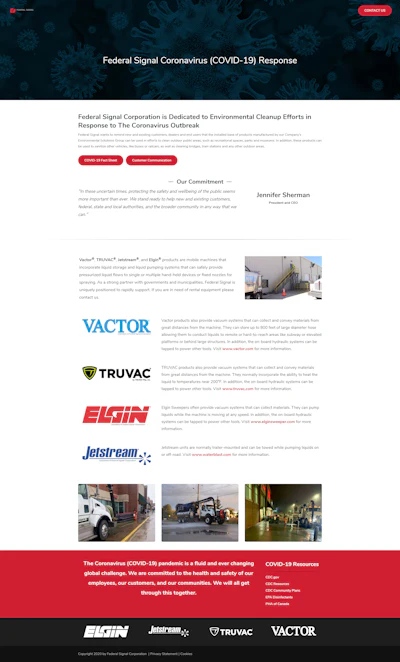 Federal Signal Corporation announced the launch of a website – www.fedsigresponse.com – dedicated to cleaning and sanitizing efforts in response to the COVID-19 outbreak.