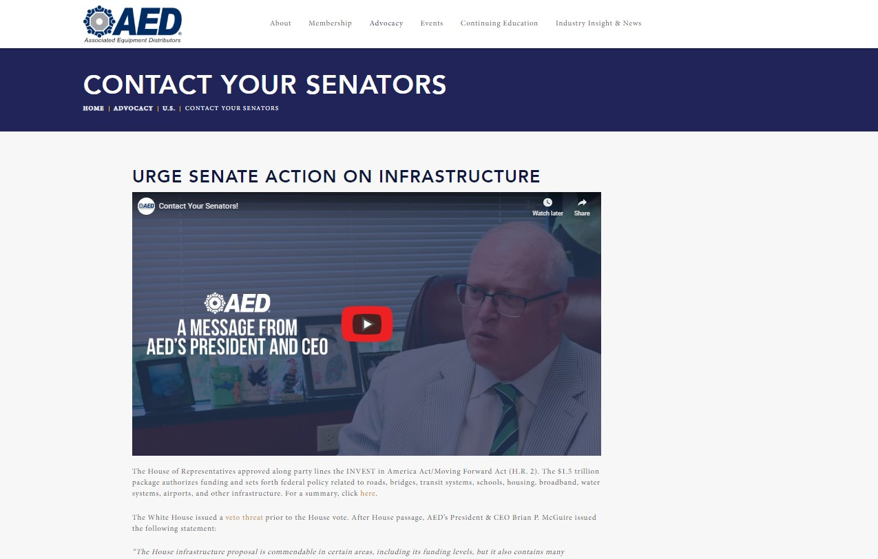 AED has launched a grassroots campaign to target U.S. Senators to act on infrastructure legislation.