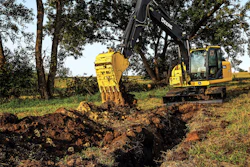 If you have to dig a trench while on a slope, be aware of the boom and arm position. When swinging, bring the boom and arm in fairly close to the machine. When coming out of the hole, bring the mast in toward the machine so the swing torque will allow the machine to swing.