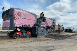 The new F-Series Wirtgen mills include the option to add a customizable wrap around the machine. While most companies utilize this to add a logo or company colors, K-Five Construction’s shop manager, Dave Gorski, came to them with the idea for a pink wrap as a way to promote cancer awareness.
