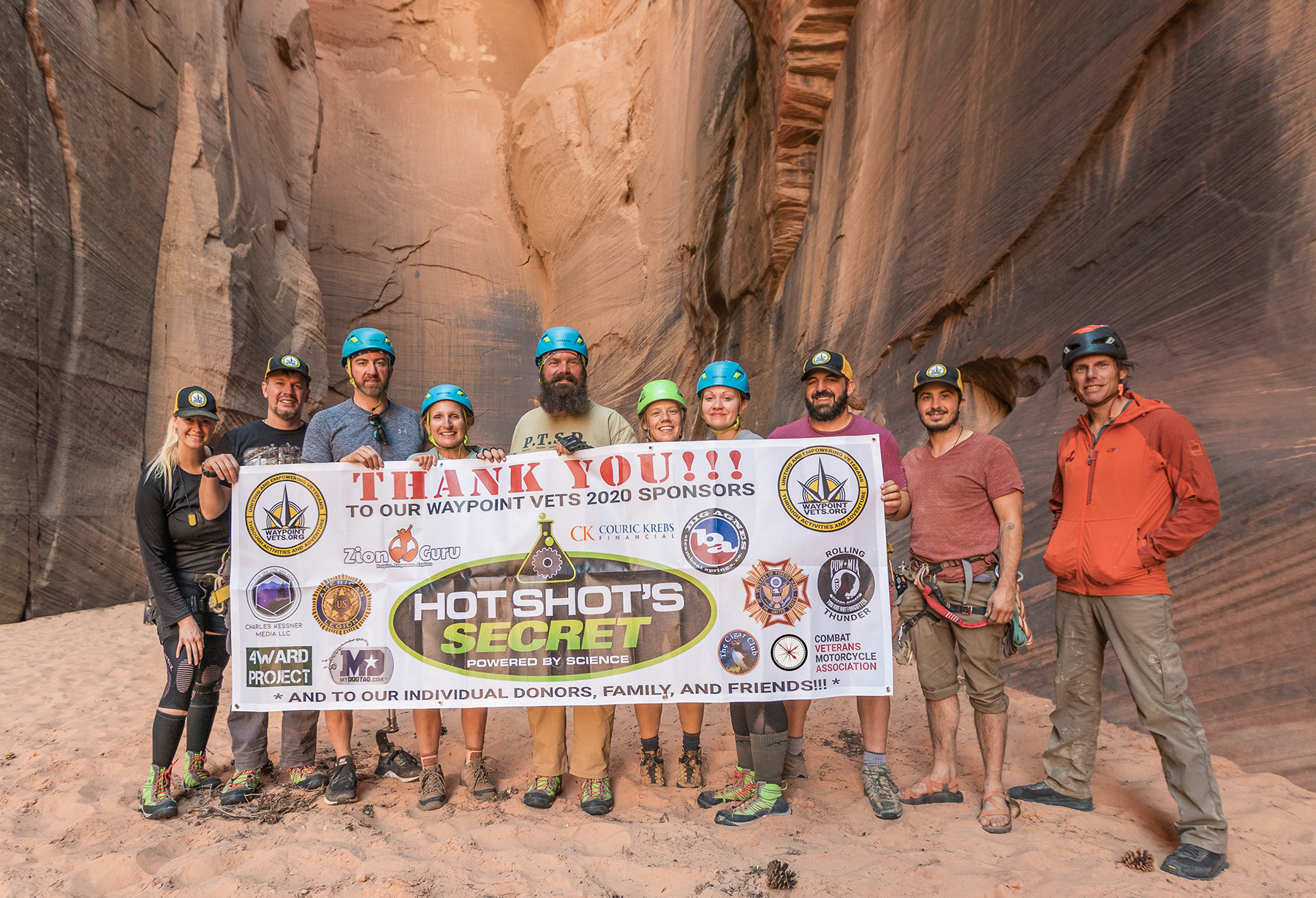 Left to Right: Sarah Lee (Army, Founder of Waypoint Vets), Jonathan Parrish (Air Force), Kevin Blanchard (Marines), Chris Myers (Air Force), Van Booth (Army), Marisa OlGrady-Kessner, Jolene Raciborski (Army), Daniel Smith (Army), Joe Makouske (Marines), and Jonathan Zambella (Marines, Owner of Zion Guru).