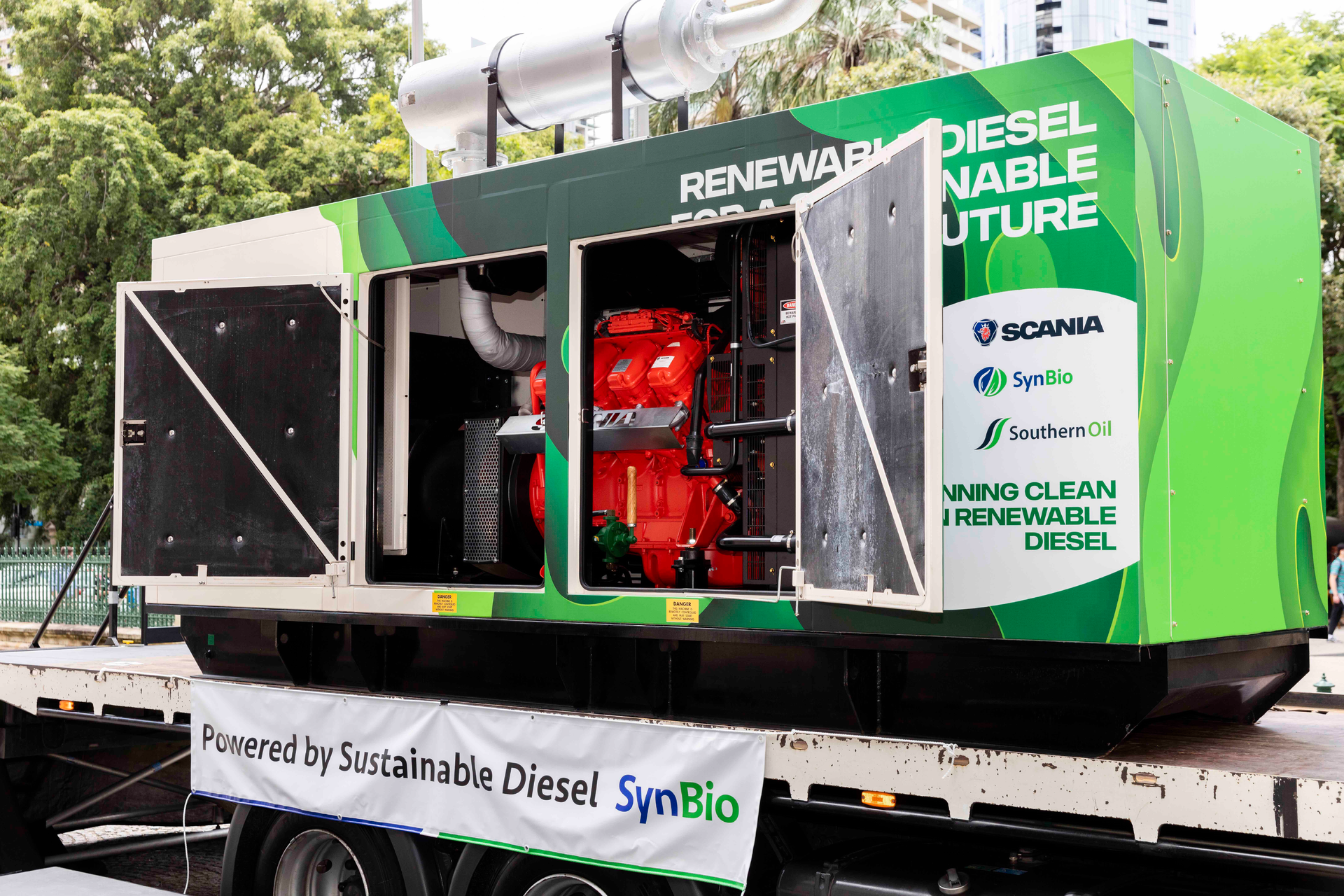 A Scania V8 engine running on renewable diesel is being used in its power generation configuration for a test program in Australia, which allows assessment of exhaust emissions, performance and response, fuel efficiency, cost and engine lifetime.