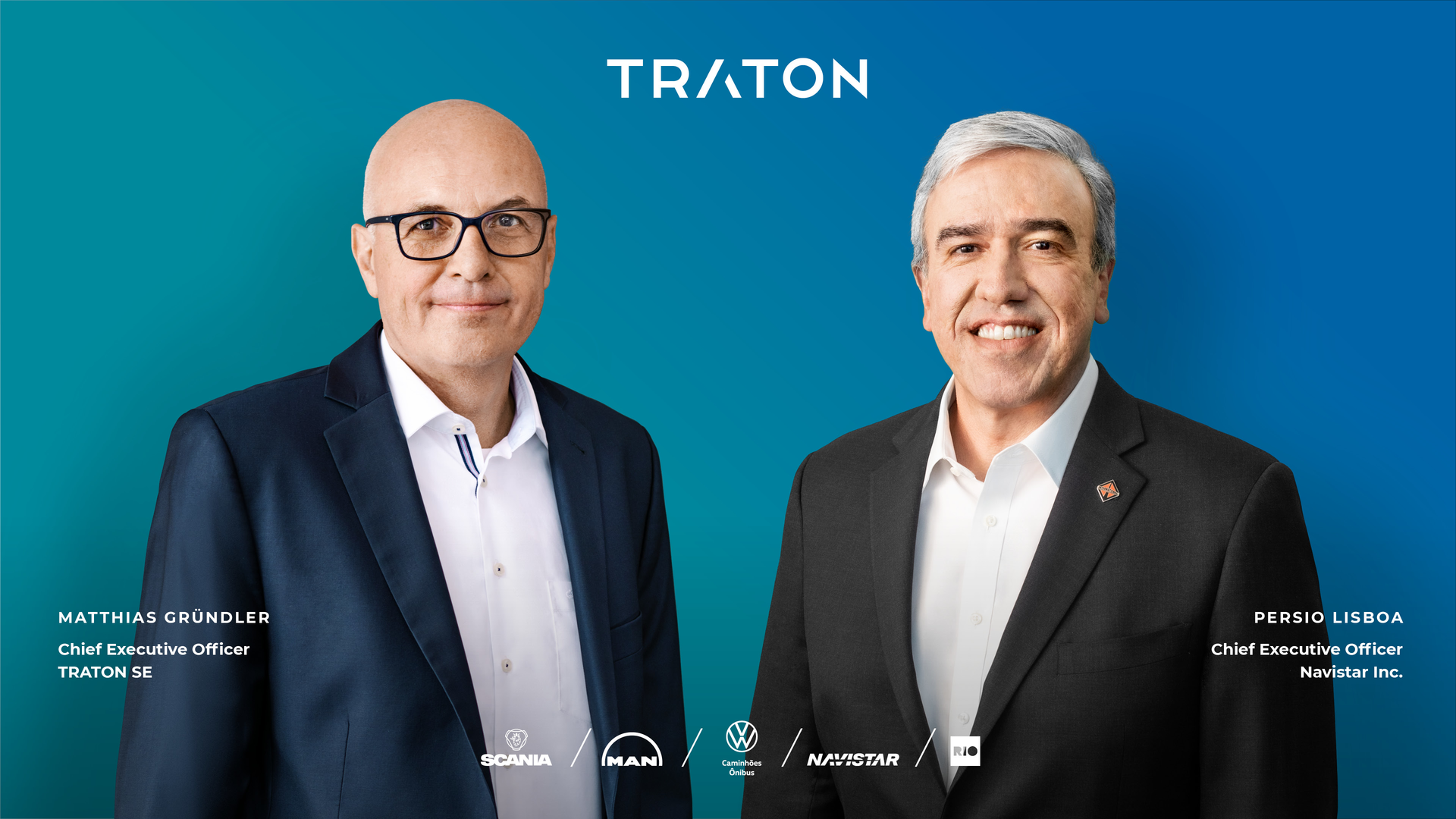Merger With Logo Matthias Gründler (ceo Traton Se, Left) Persio Lisboa (ceo Navistar Inc , Right)