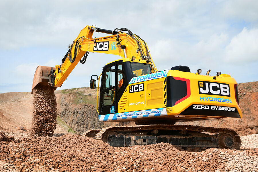 JCB is testing its hydrogen powered 20-tonne excavator at its quarry proving grounds.
