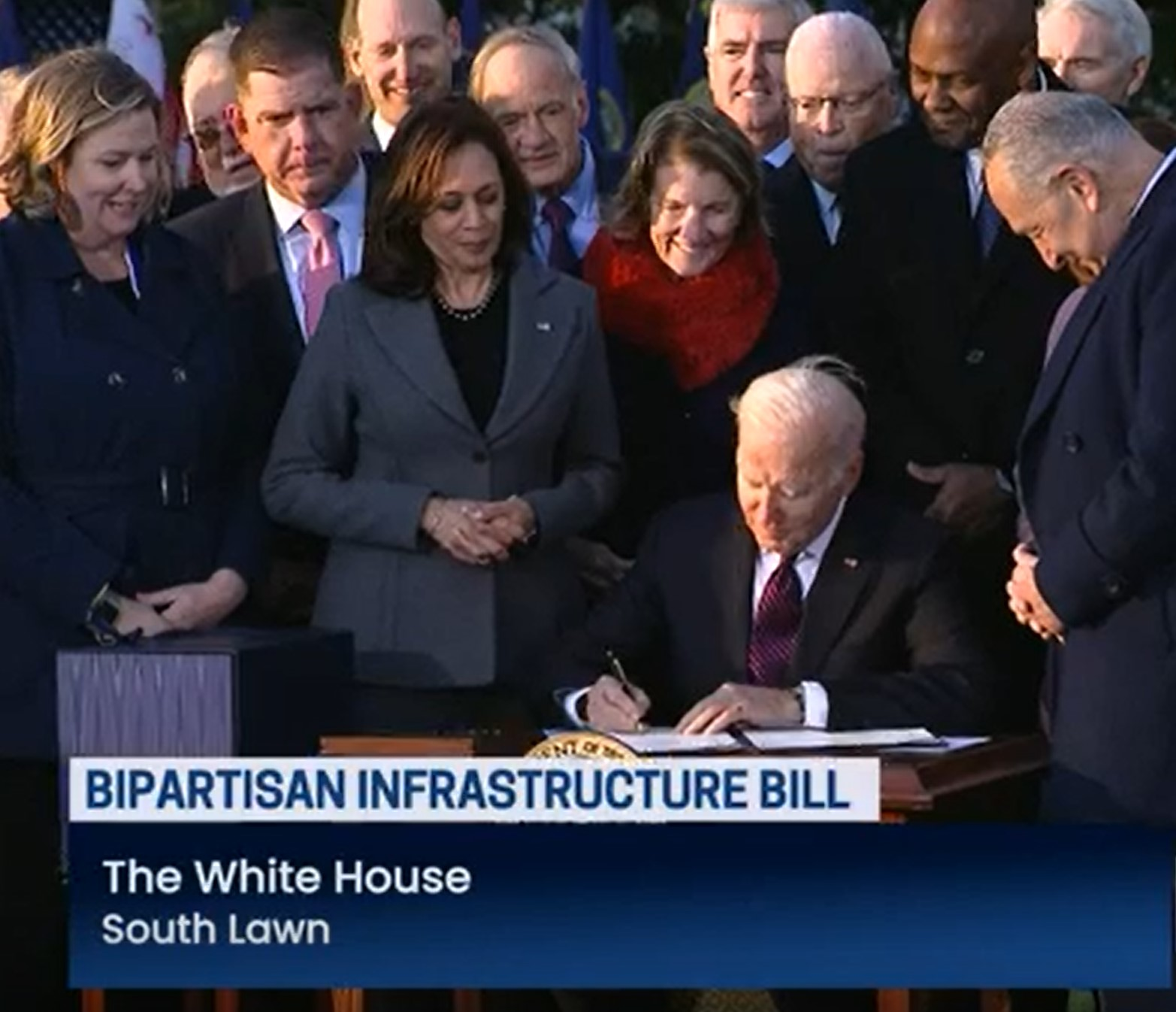 President Biden signed into law the $1 trillion infrastructure bill during a ceremony at the White House. The president called it a “blue collar blueprint to rebuild America,” and praised Republicans and Democrats for the bipartisan nature of the bill. Vice President Harris, members of Congress, and labor leaders also spoke in front of the crowd gathered on the South Lawn of the White House.