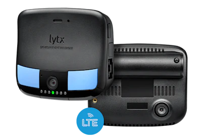 The DriveCam device mounted on the windscreen contains a forward looking lens and a lens focused on the interior of the cab. It also contains an accelerometer and other components to record data.