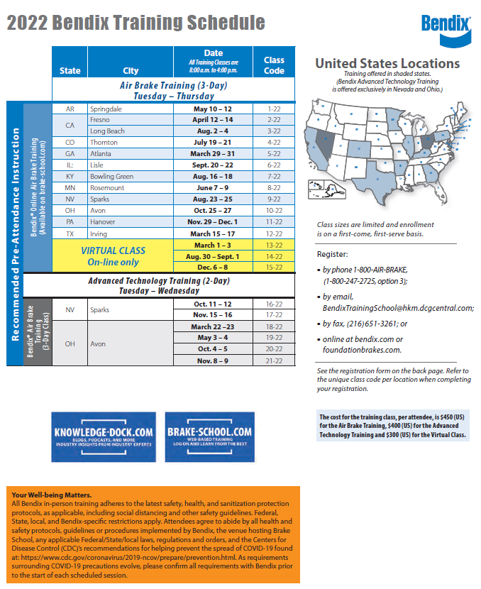 Bendix’s training program continues in 2022 with in-person and virtual training opportunities – along with a new testing option for each – for fleet technicians, owner-operators, and others to enhance the skills necessary for keeping vehicles on the road and in safe operating condition.