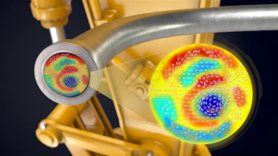 As fluid passes through a 90-degree bend in this hydraulic line, flows across the primary direction arise. These secondary flows are visualized here with greater intensity of red (clockwise) or blue (counter clockwise).