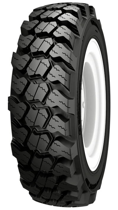 The all-season Galaxy Might Trac ND skid steer tire features innovations in the use of sipes and stepped blocks to aid maneuverability in various terrain.