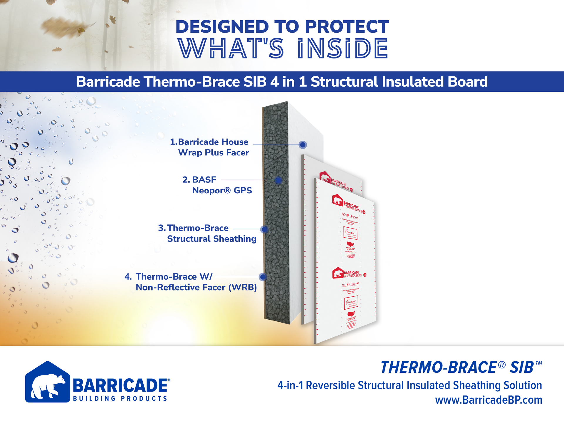 The Thermo-Brace SIB 4-in-1 reversible structural insulated sheathing provides four layers of protection against water, moisture vapor, mold and more.