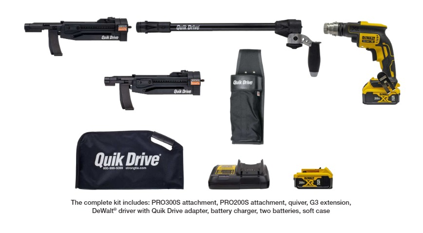 Designed for deck, subfloor, sheathing and underlayment installations, the Quik Drive PROCCS+ Multi-Purpose Combo System is a complete auto-feed screw driving system with two Quik Drive attachments.