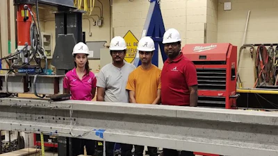 University of Alabama – Team B won the 2022 Big Beam competition. From left to right are Monica Amaral, Bipul Poudel, Revanth Naidu Vasireddy, and faculty advisor Sriram Aaleti.