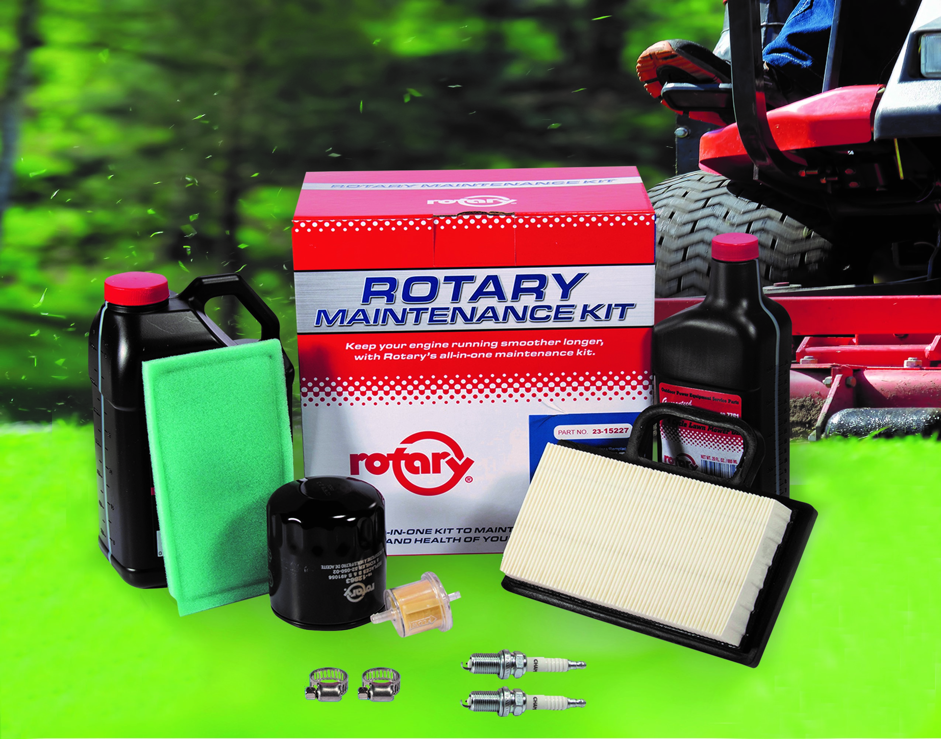 Available for popular lawn mower brands, each kit features up to 10 items such as an air filter, pre-filter, oil filter, fuel filter, hose clamps, spark plugs and motor oil.