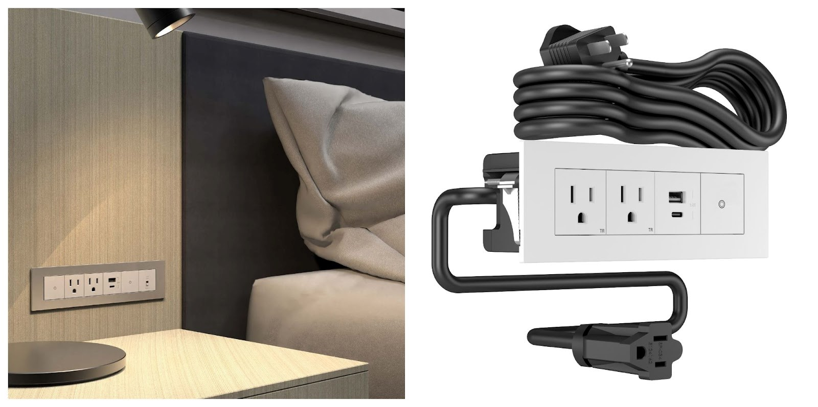 The dash Furniture Power Center can be added directly into furniture, while the dash Power Tower brings power to indoor spaces with a free-standing tower.