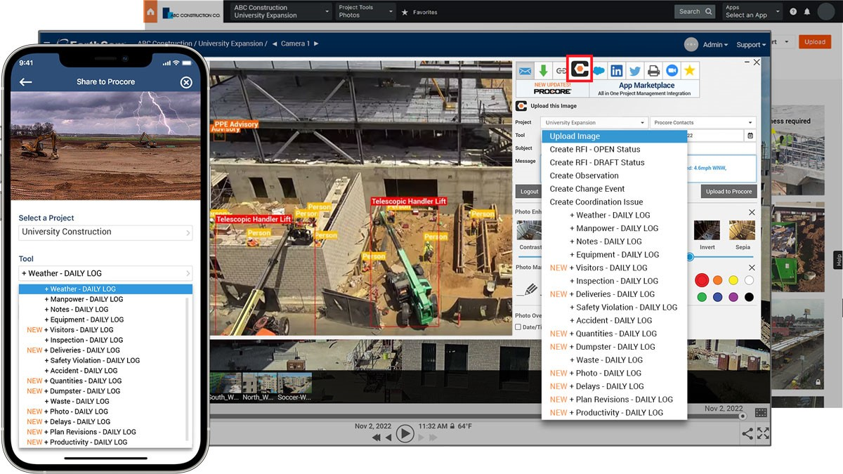 EarthCam is increasing its commitment to Procore with 21 new features that address image automation, jobsite access control, safety violations, PPE compliance and delivery of live weather data.