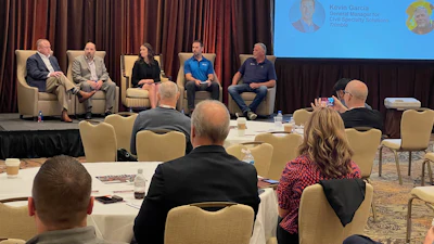 A panel about the 2023 industry trends moderated by AEM's Sara Feuling, Senior Director of Construction.