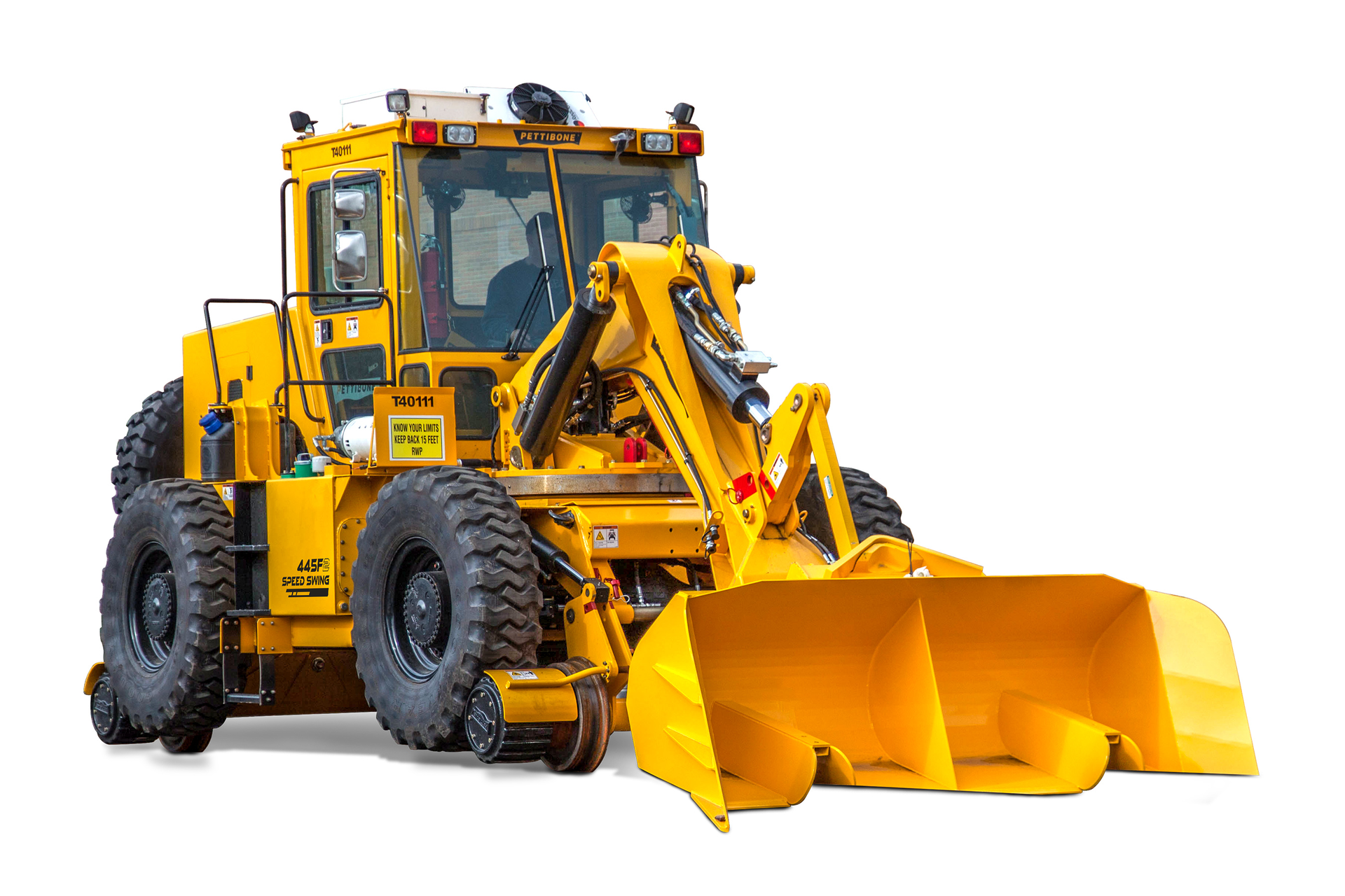 Providing 180-degree boom rotation, the machine is primarily used to thread out old rail and thread in new rail.