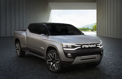 The Ram 1500 Revolution BEV Concept can add up to 100 miles of range in approximately 10 minutes with 800-volt DC fast charging at up to 350 kW.
