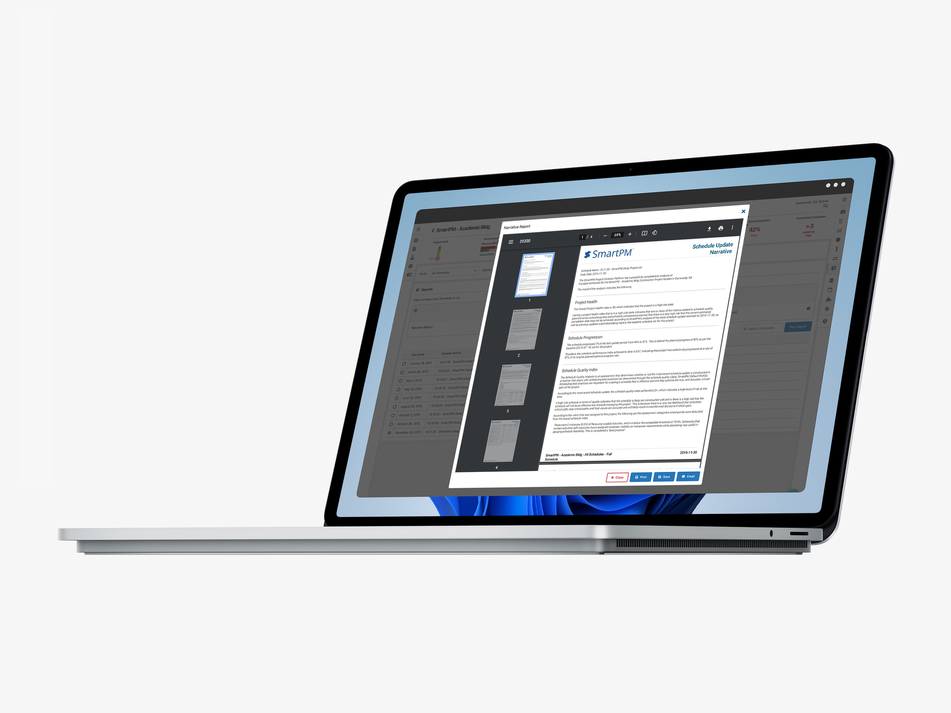 SmartPM scans through all the schedule data, analyzes it, then automatically produces the results in text format by automatically filling in the fields of an internal template with standardized text, customized with the project’s unique numbers.