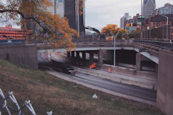View of I-375 in downtown Detroit, MI.