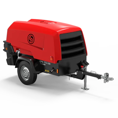 Secured to a single-axle trailer for transportation, the CPS 175-100 is equipped with a Kubota V1505-CR-T-E5B diesel engine and offers up to 125 psi during use.