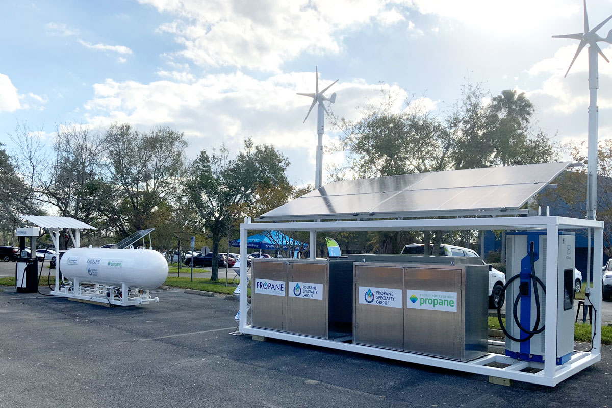 The skid infrastructure combines a 60kW propane generator with wind and solar power to create a microgrid that allows fleets to implement a drop-in charging solution.