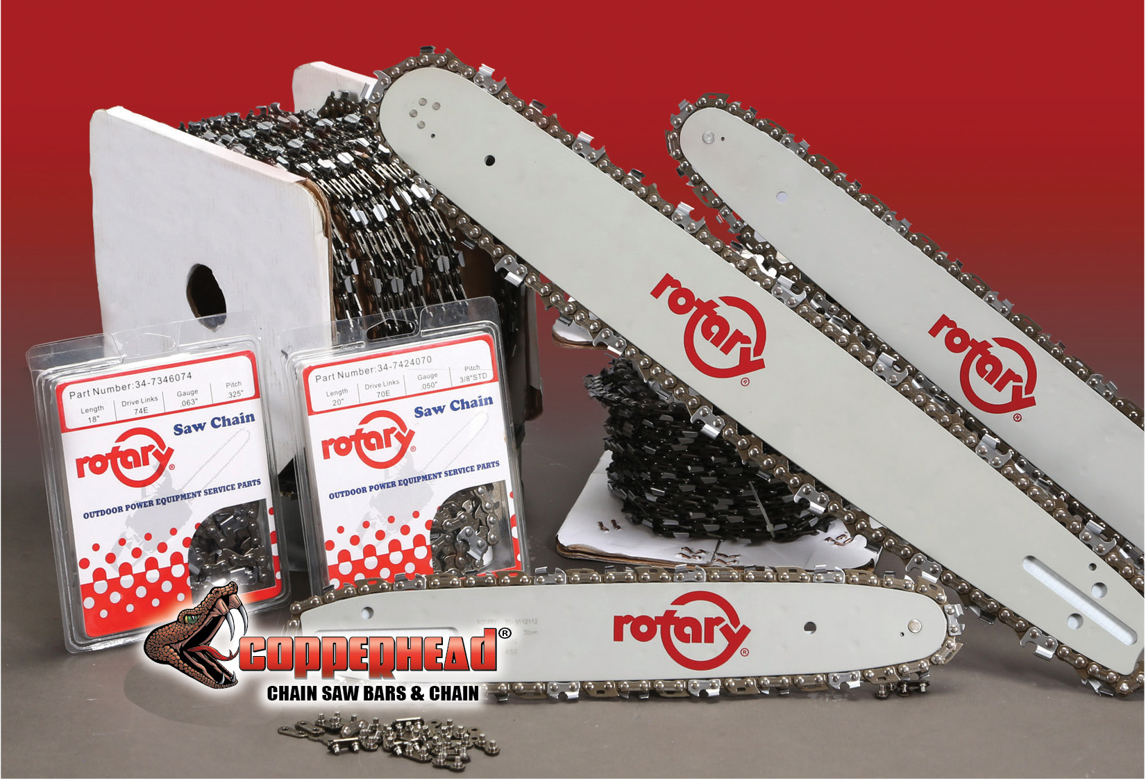 The chain saw bars feature low profile, semi-chisel and skip tooth chain in cut loops or 25-ft. and 100-ft. reels.