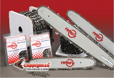 The chain saw bars feature low profile, semi-chisel and skip tooth chain in cut loops or 25-ft. and 100-ft. reels.