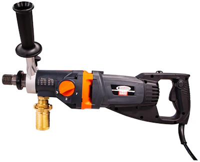 The CB215 features an integrated convertible port that allows change from water feed for wet drilling to through-the-spindle dust collection for dry drilling.