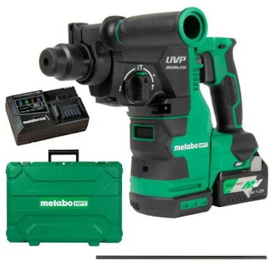 The rotary hammer features User Vibration Protection (UVP), auto stop for preset drilling, LED level with built-in sensor for straight drilling and Reactive Force Control.