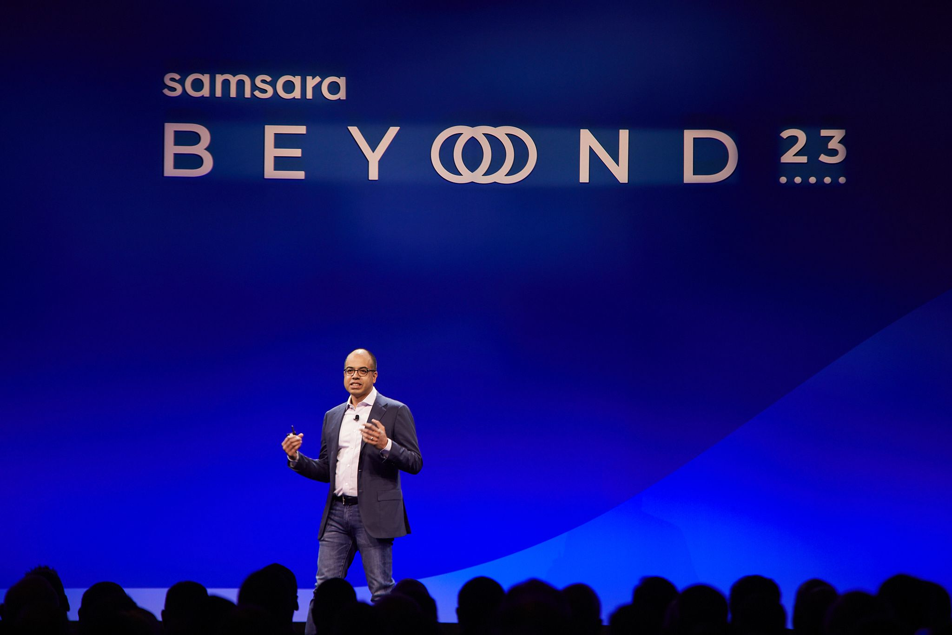 Samsara CEO Sanjit Biswas delivers a keynote at Samsara Beyond 2023 in Austin, Texas.